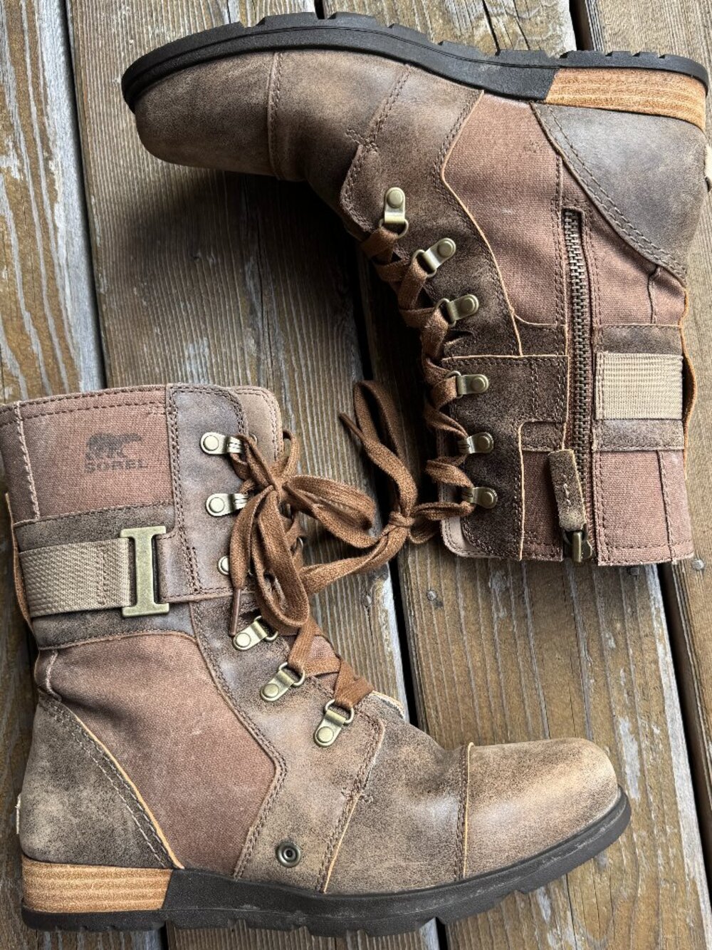 Sorel Major Carly Brown Leather & Canvas Lace Up Side Zip Combat Boots Womens 9 - Picture 3 of 16